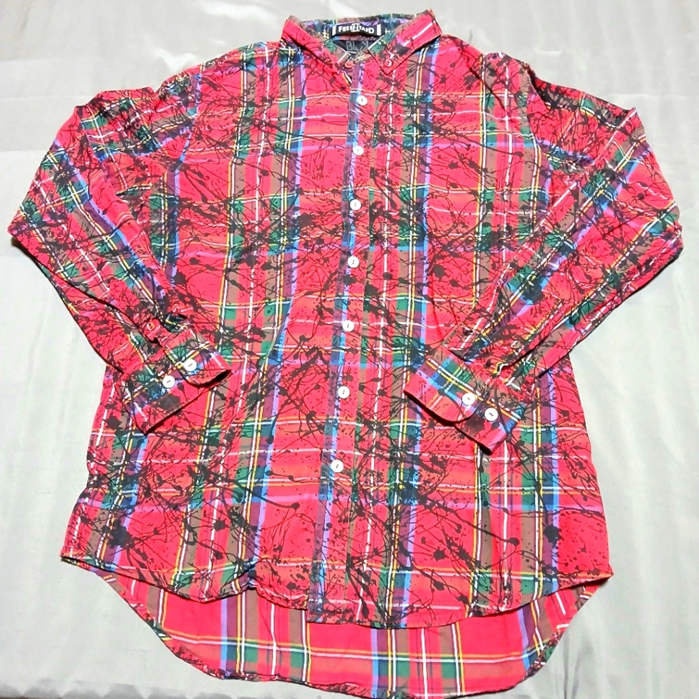 Rocawear Mens Large L Red Plaid Paint Graffiti Graphic Button Up Shirt Y2K Vtg